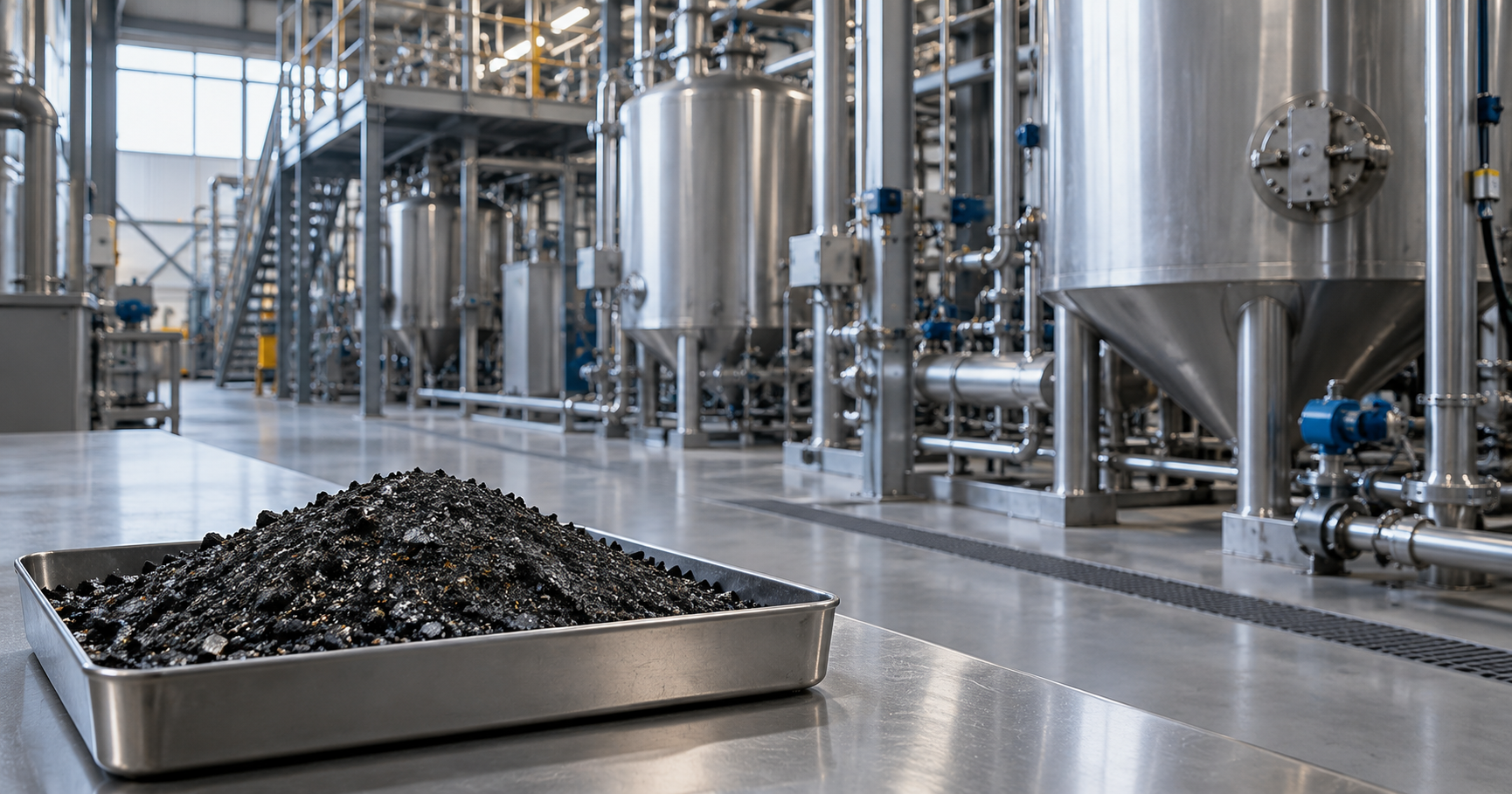 A metal tray of dark granulated material sits in front of stainless steel processing tanks and pipes inside an industrial hall.