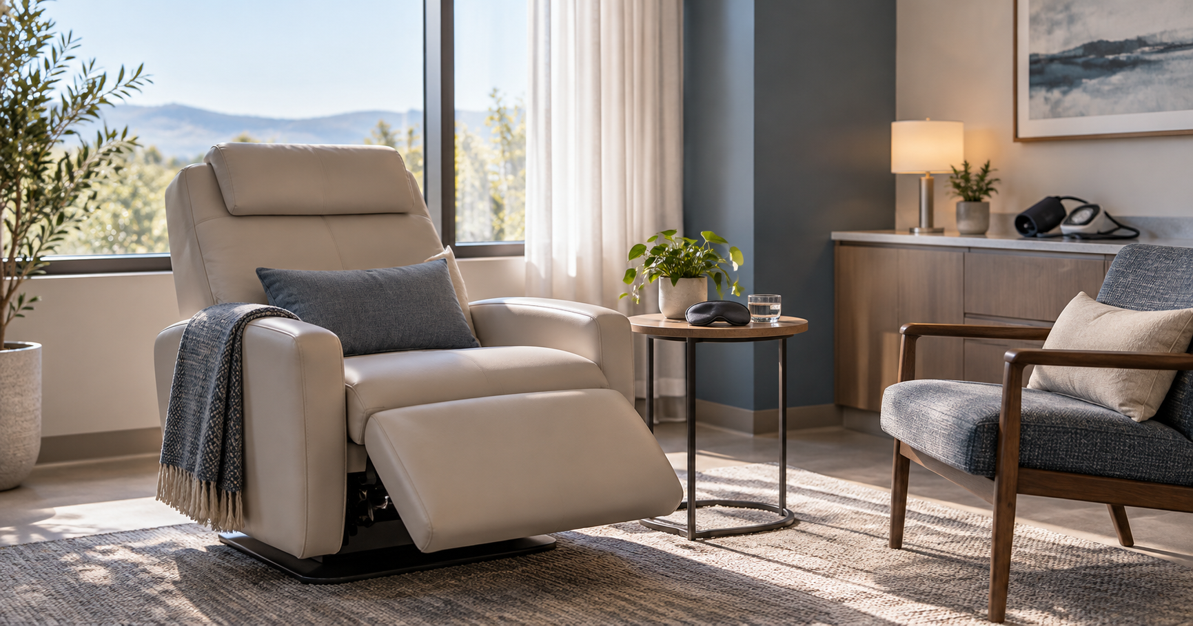 Illustrative supervised treatment room with a reclining chair, eye mask and blood-pressure cuff.