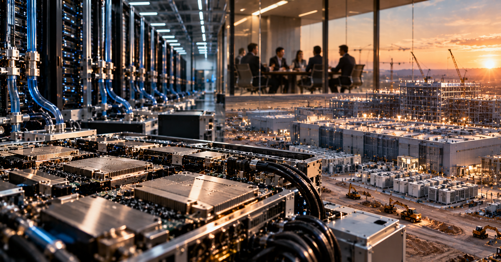 AI data center with high-density server hardware and liquid cooling, alongside executives in a meeting and a large data center campus under construction.