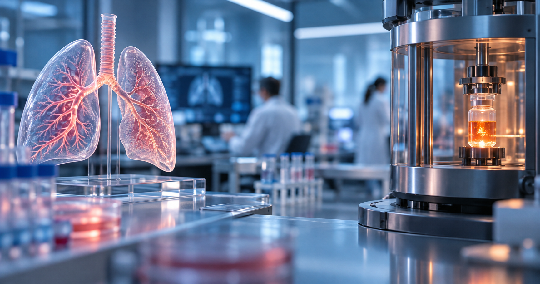 Anatomical lung model and shielded radiopharmaceutical research equipment in a clinical laboratory.