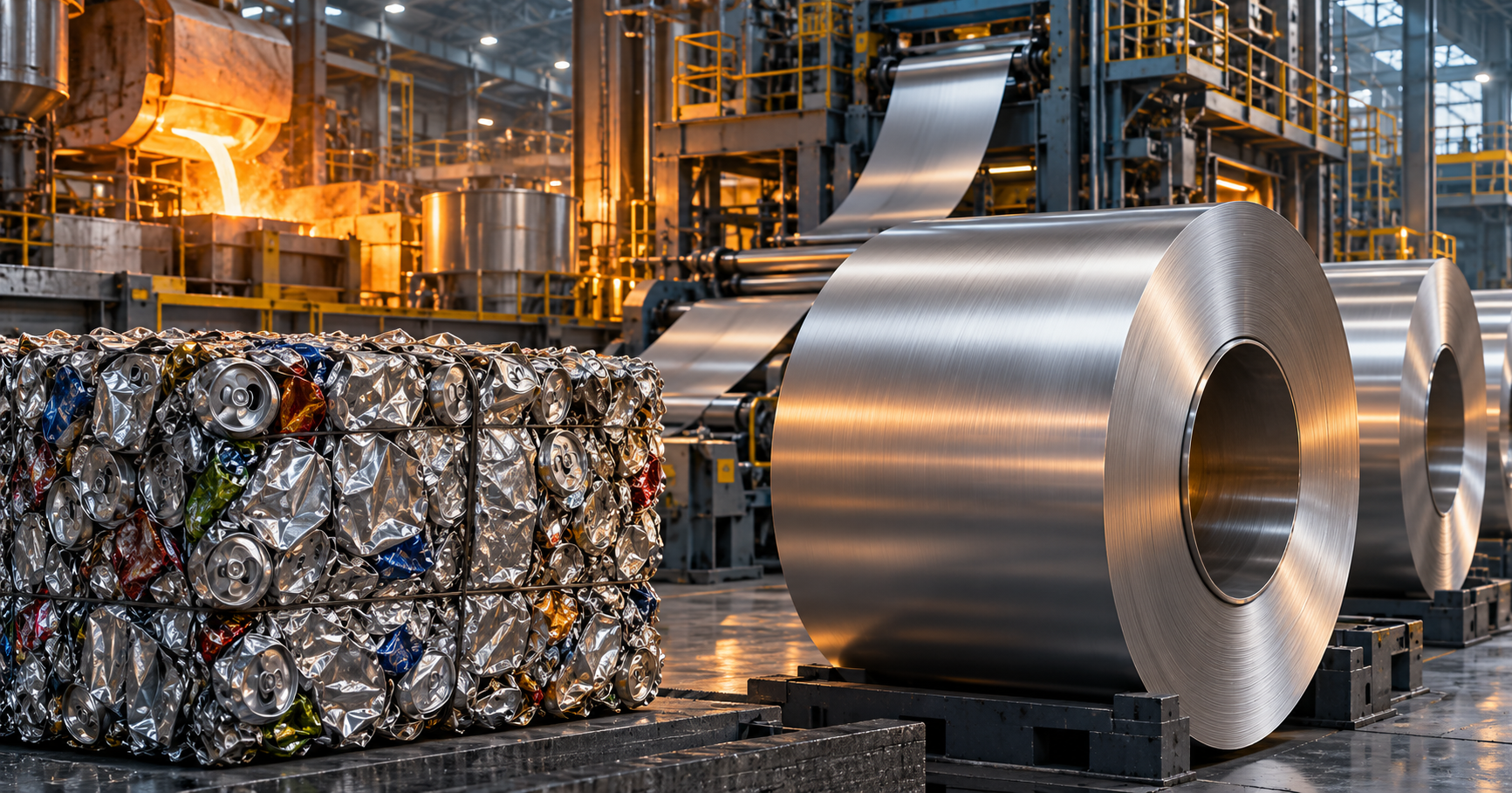 Conceptual illustration of recycled aluminum cans and rolled sheet coils in an industrial casting and rolling facility.