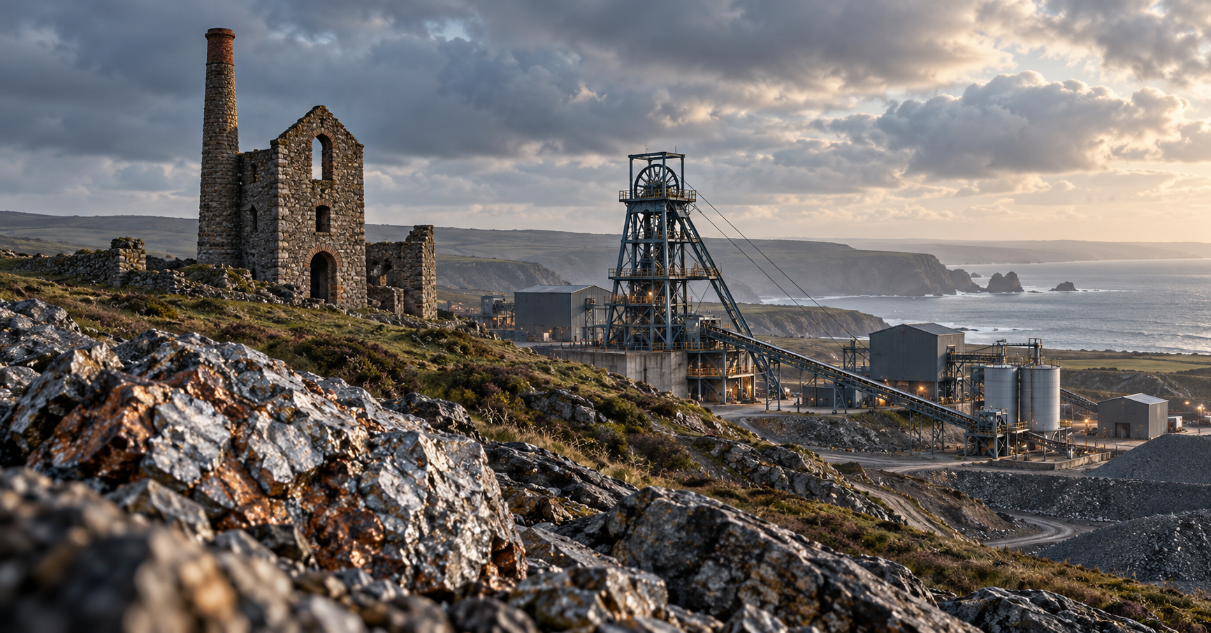 Illustrative Cornish tin-mining landscape with a historic engine house, modern shaft infrastructure and mineral-bearing rock.