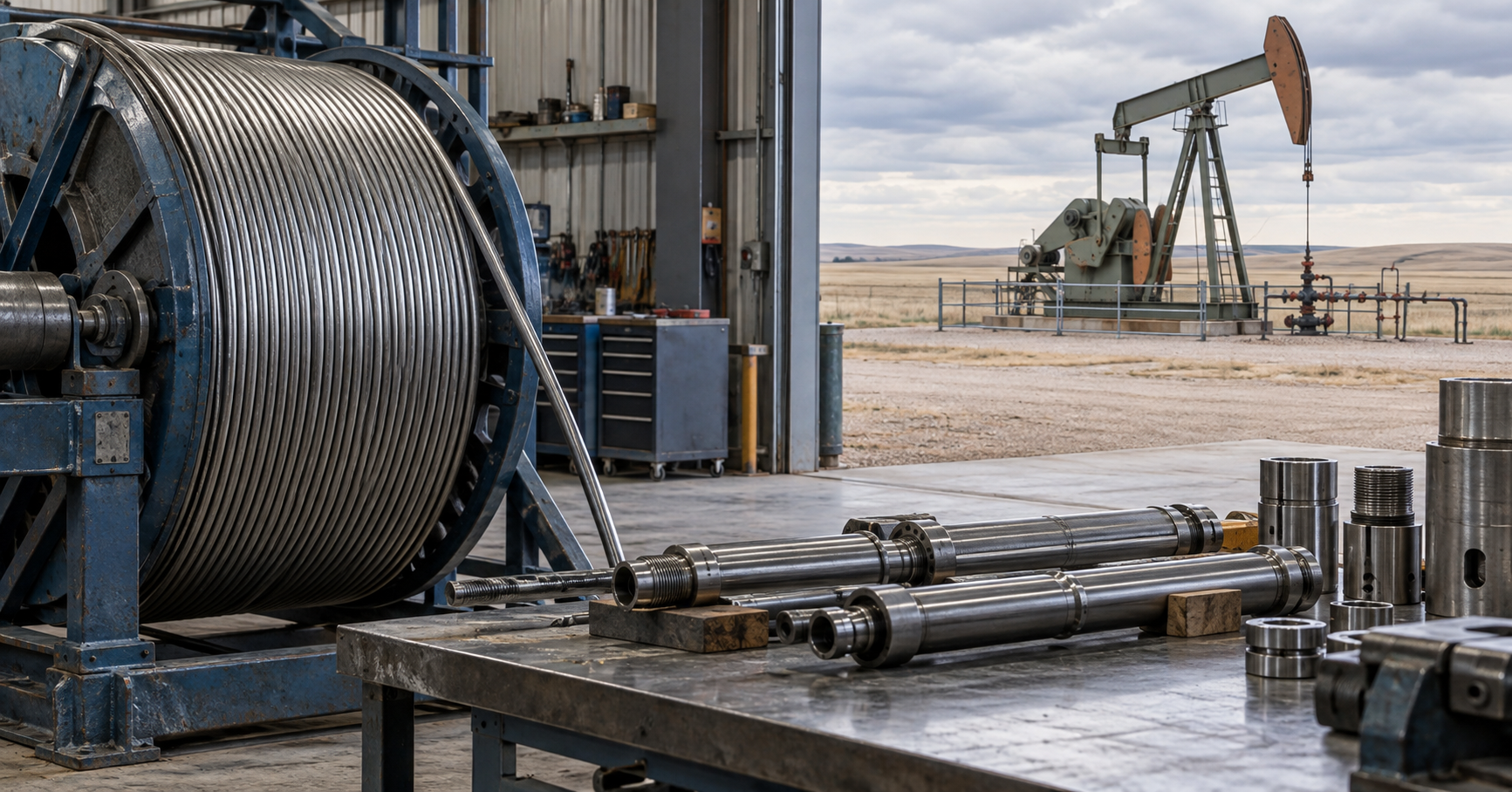 A reel of steel rod and cylindrical pump components in an industrial workshop, with an oil pumping unit visible outside.