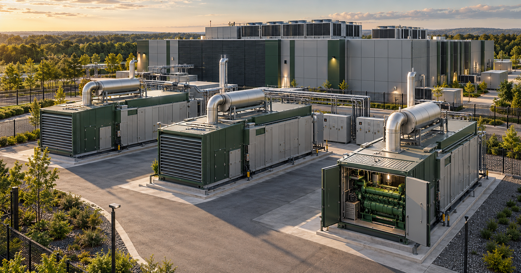 Conceptual illustration of modular gas-engine generators beside a data center.