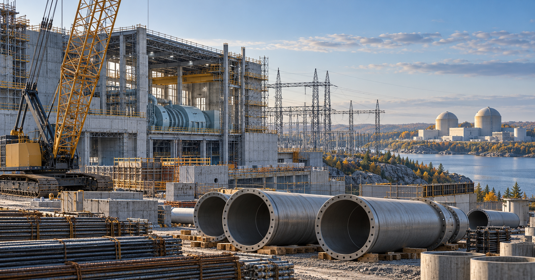 Conceptual illustration of power infrastructure construction, transmission equipment and distant nuclear facilities.