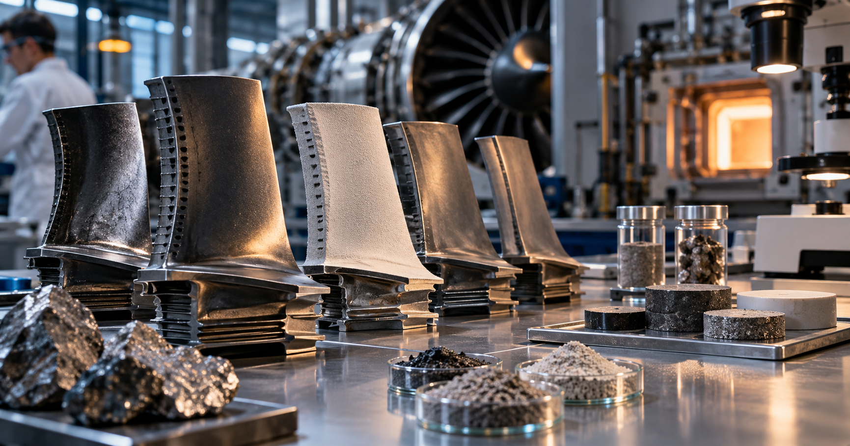 Jet engine turbine blades, ceramic-coated components, mineral samples, and materials-testing equipment arranged in an aerospace research laboratory.