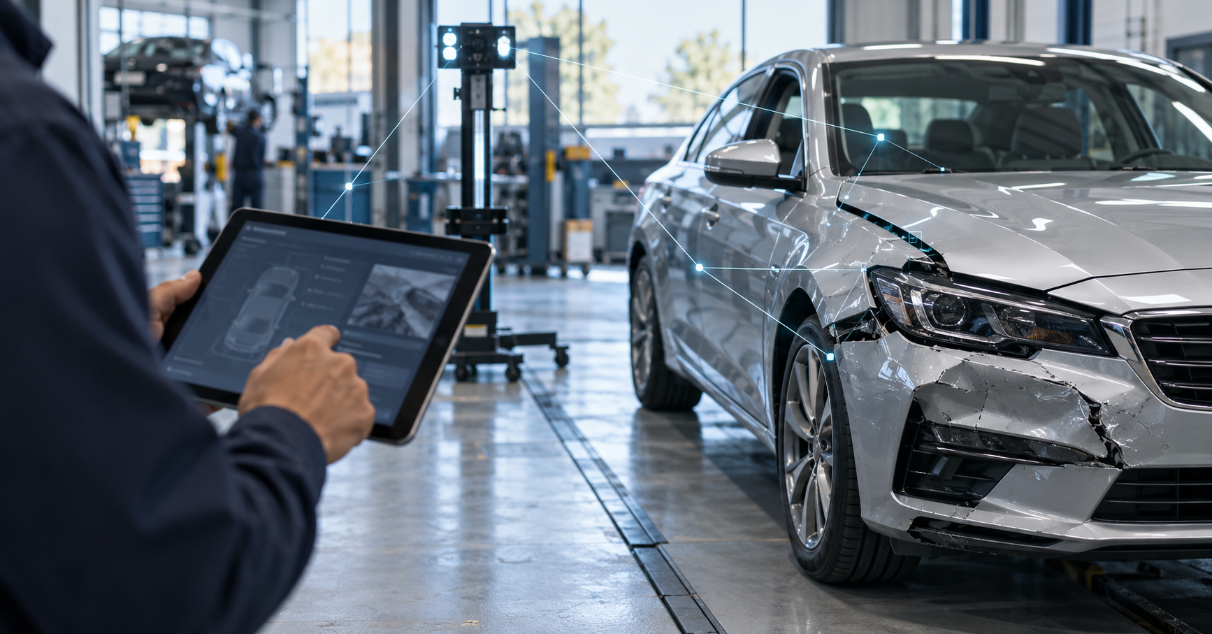 Conceptual illustration of a technician assessing vehicle damage with a tablet in a digitally connected repair workshop.