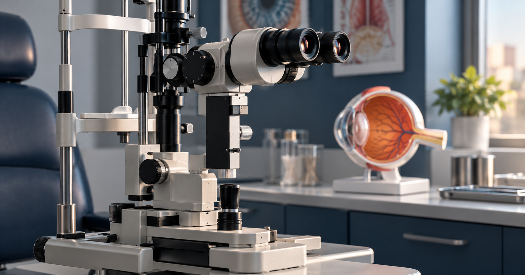 Illustrative slit-lamp examination instrument and anatomical eye model in an ophthalmology room.