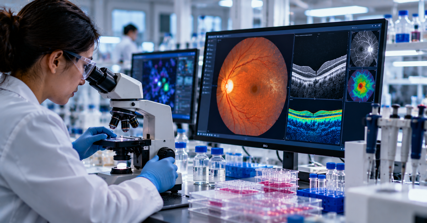 Researcher examining retinal samples in a biotechnology laboratory, with fundus images and OCT scans displayed on monitors beside laboratory equipment.