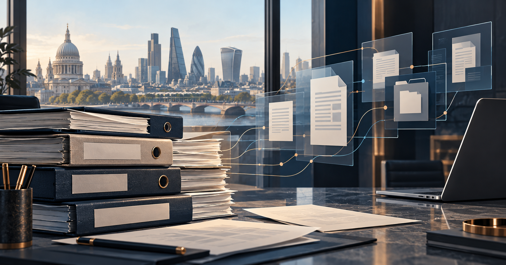 Editorial illustration of credit documents and abstract financial-data panels overlooking London.