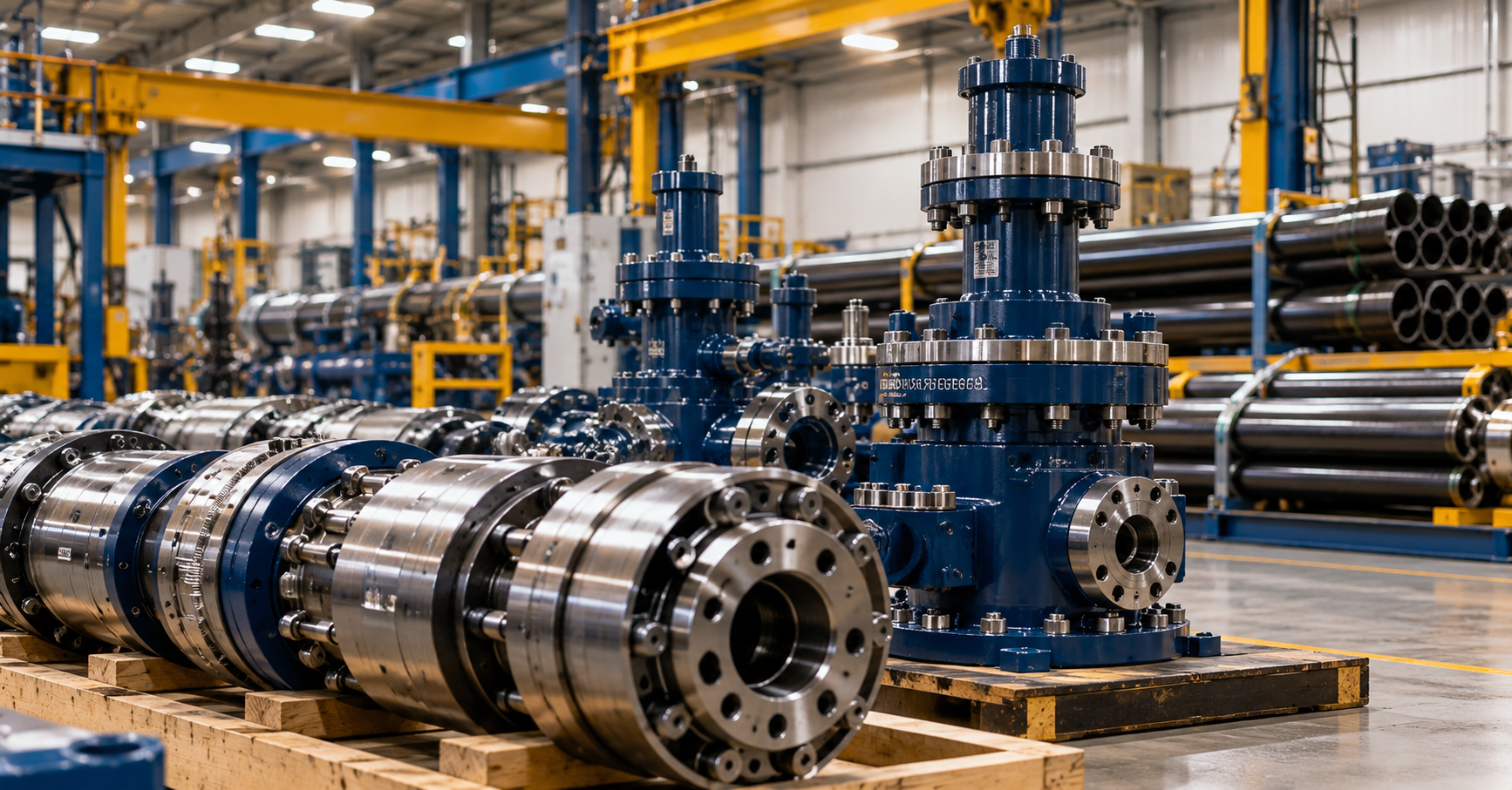 Precision-engineered oilfield equipment and pressure-control assemblies inside an industrial manufacturing facility.