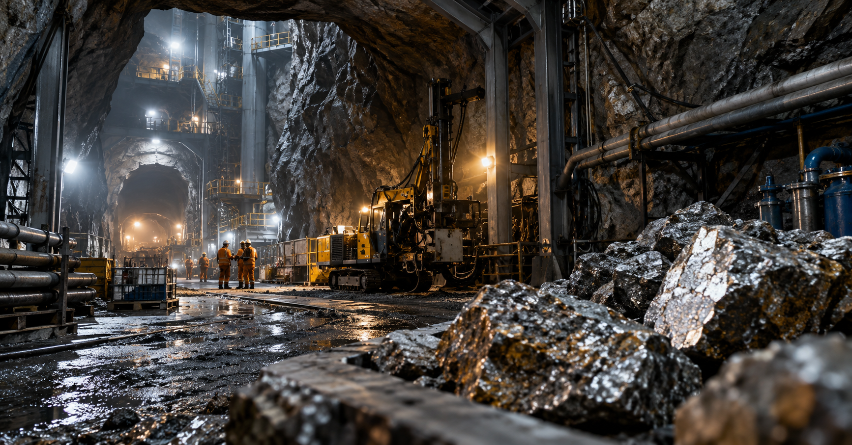 Underground tin mine redevelopment with drilling equipment, industrial piping, miners, and exposed ore in a large rock tunnel.