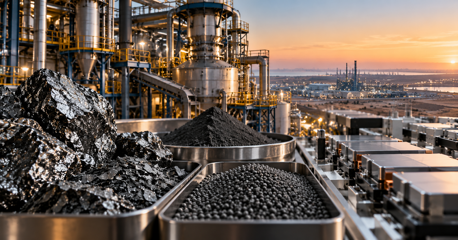 Graphite ore, processed graphite flakes, powder, and pellets displayed beside an industrial processing plant and battery-cell manufacturing equipment.