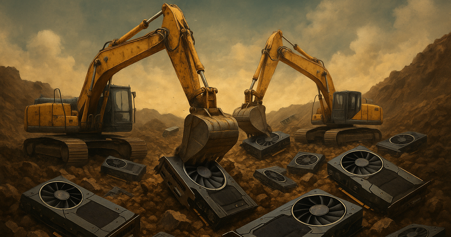 Two excavators in a dusty landscape digging among oversized graphics cards