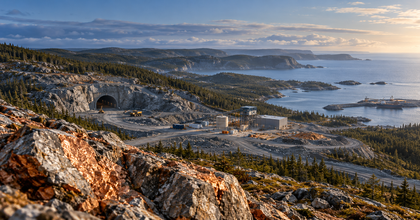Conceptual illustration of a copper-bearing rock outcrop, underground mine entrance and processing infrastructure under construction beside a rugged Atlantic coastline.