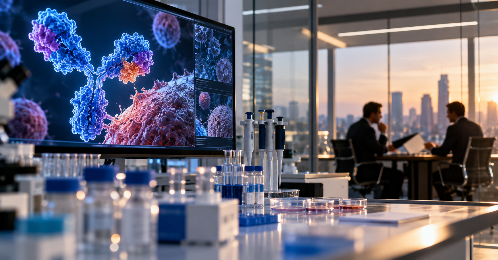 Oncology research laboratory with an antibody visualization on a monitor, laboratory equipment in the foreground, and two business professionals meeting in the background.