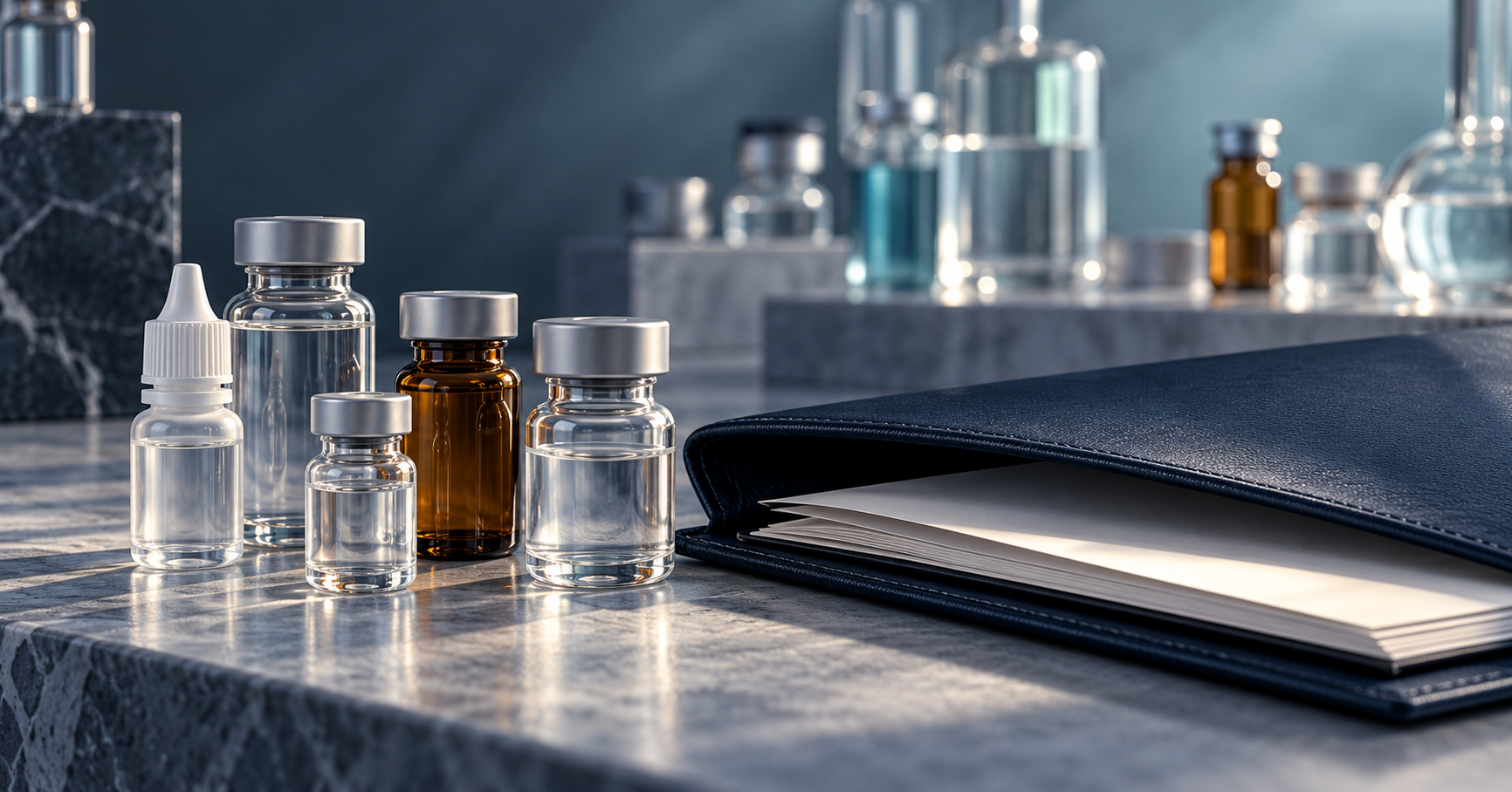 Conceptual illustration of unbranded medicine vials and an eyedrop bottle beside a document folio, representing a biopharmaceutical royalty portfolio.