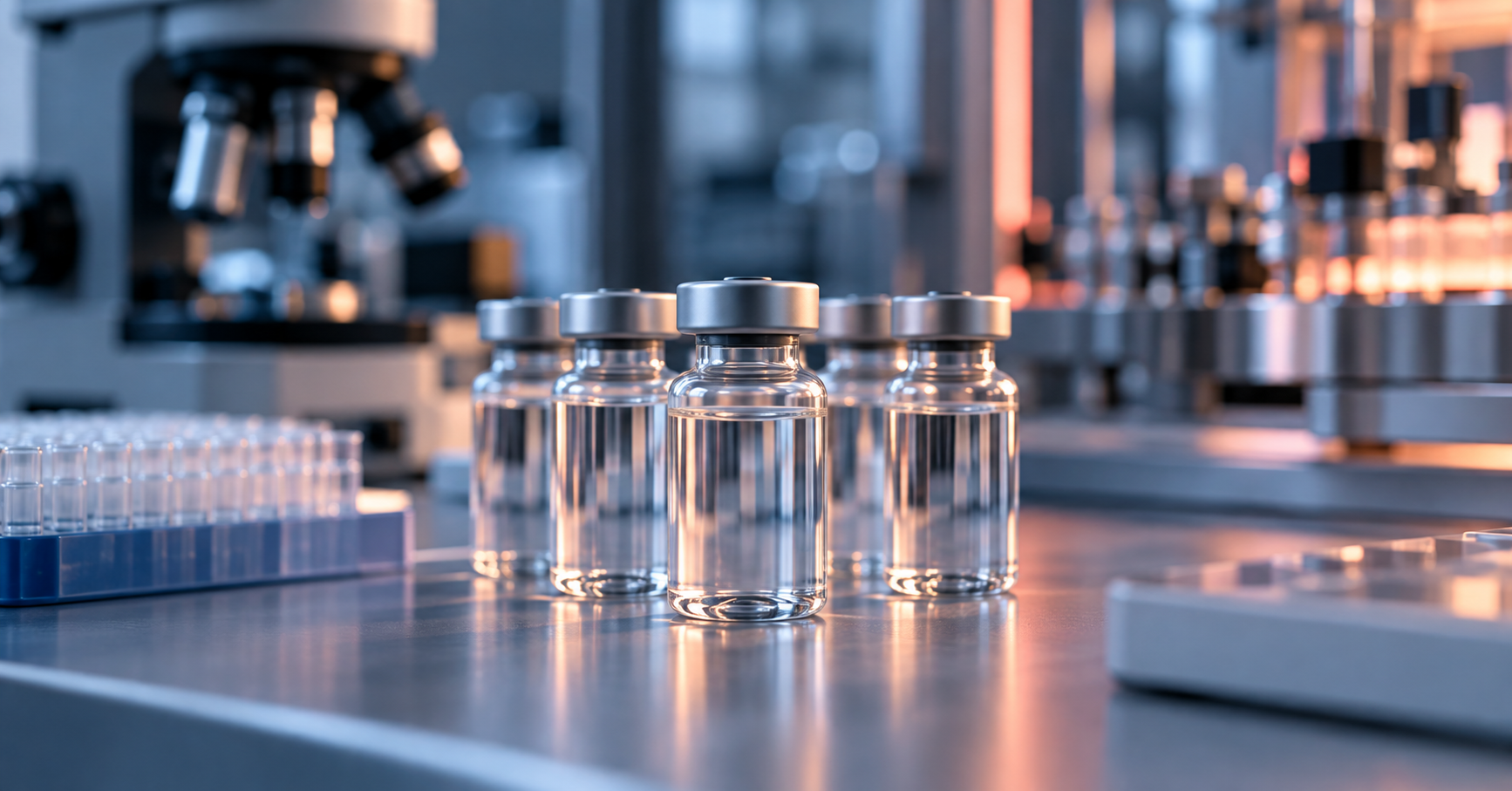Unlabelled glass pharmaceutical vials on a laboratory bench, with analytical equipment in the background.