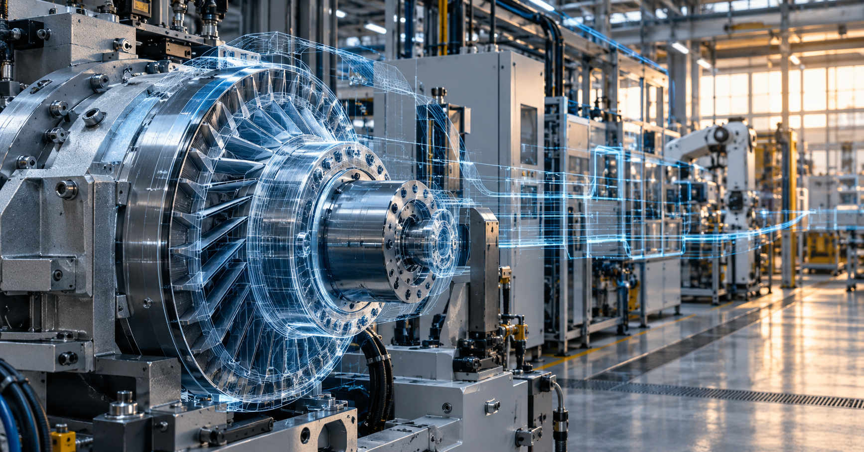 Precision industrial machinery overlaid with a digital wireframe model inside an automated factory.