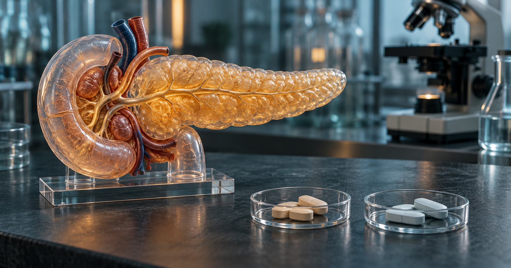Conceptual illustration of pancreatic-cancer drug research with a pancreas model and oral tablets.