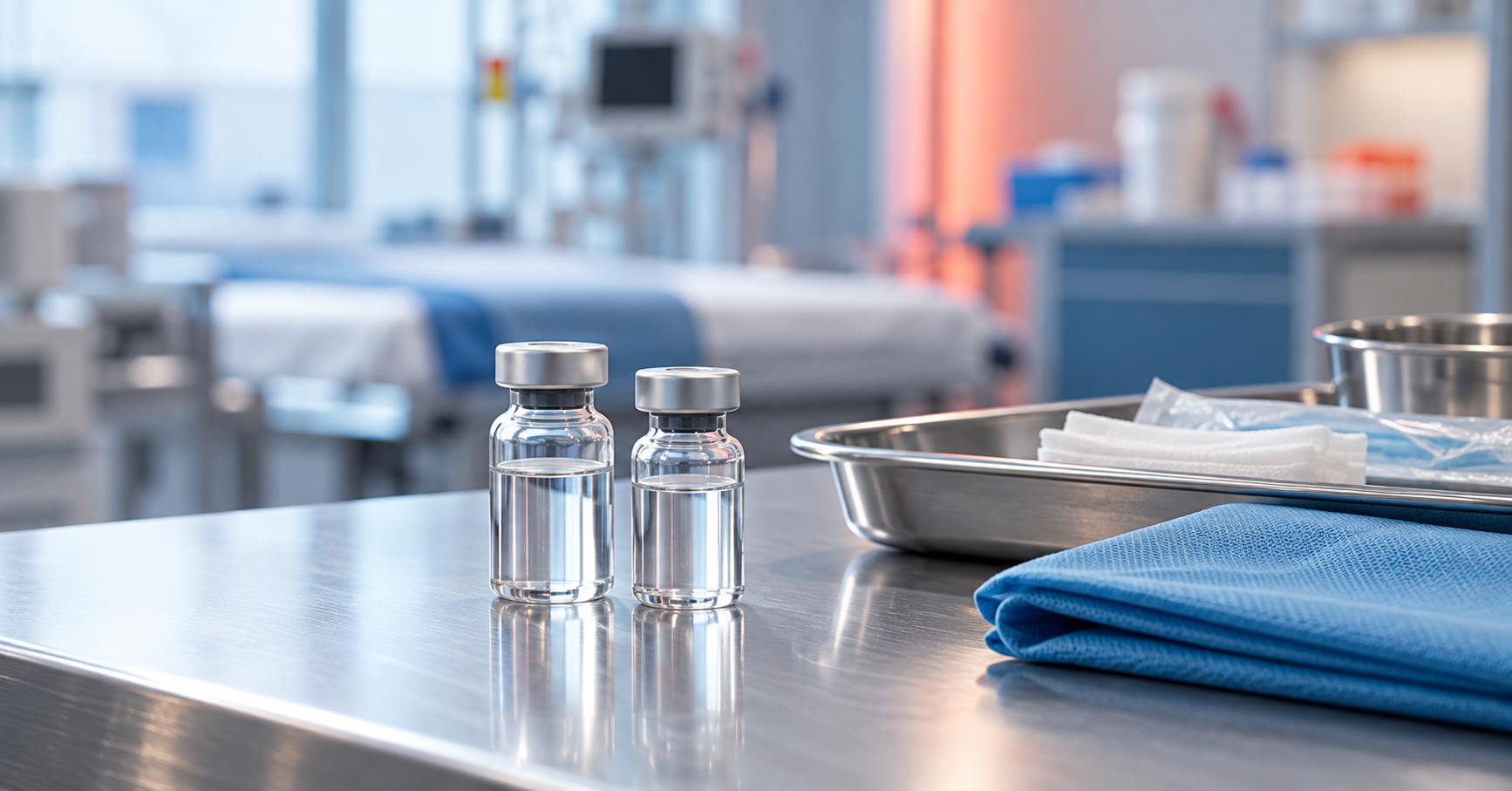 Two unbranded medicine vials beside a sterile tray and folded surgical drape.