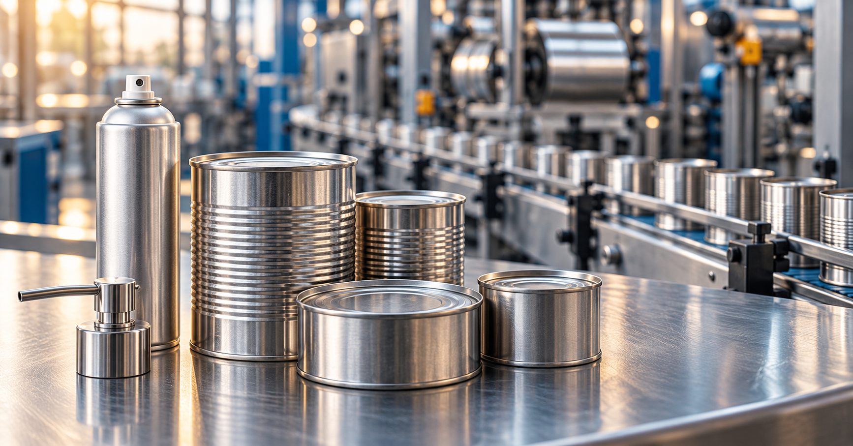 Illustrative unbranded metal cans and a dispensing pump beside a packaging production line.