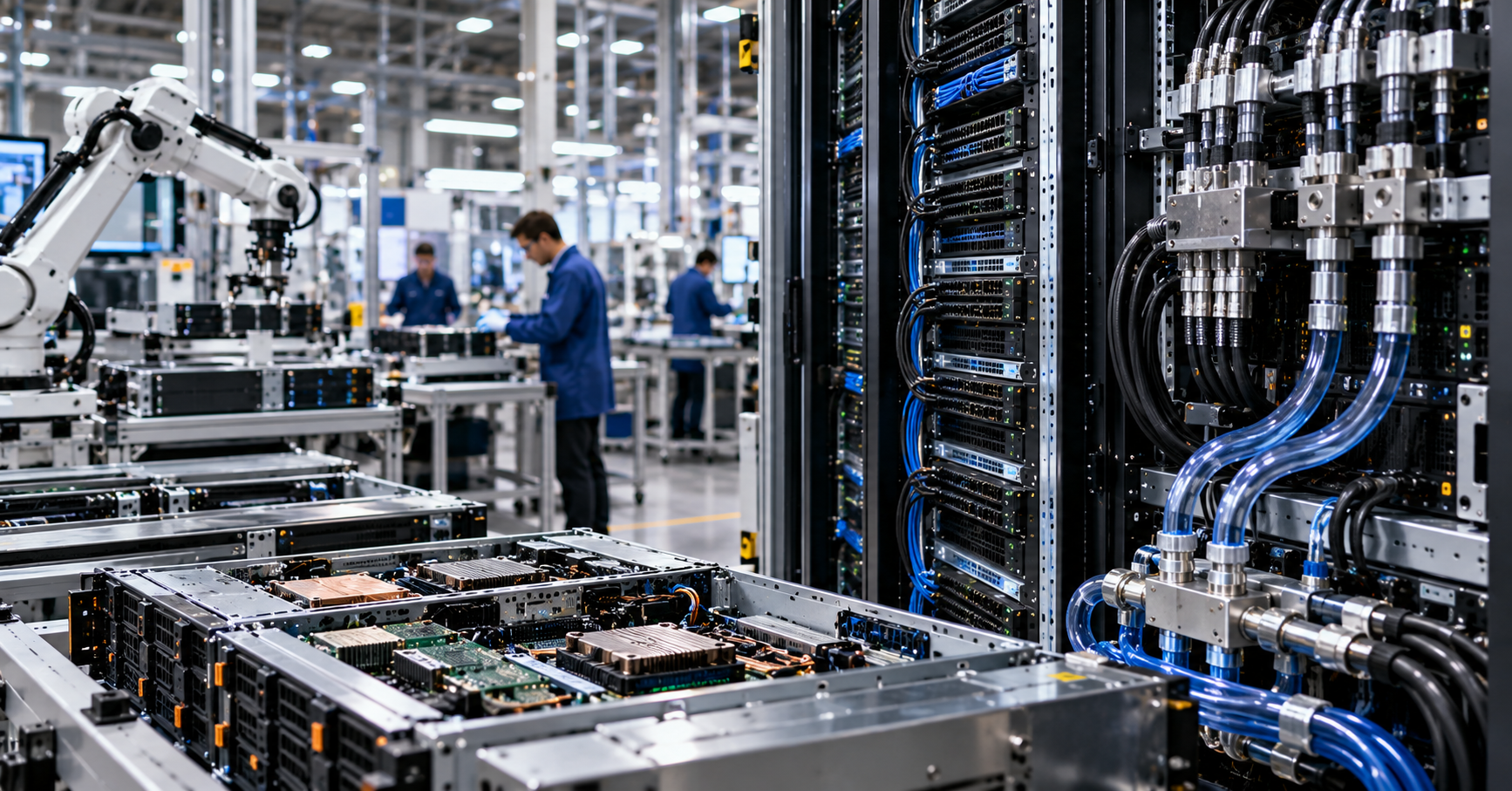 AI server systems being assembled and tested in a high-tech manufacturing facility, with liquid-cooling infrastructure, server racks, robotics, and technicians.