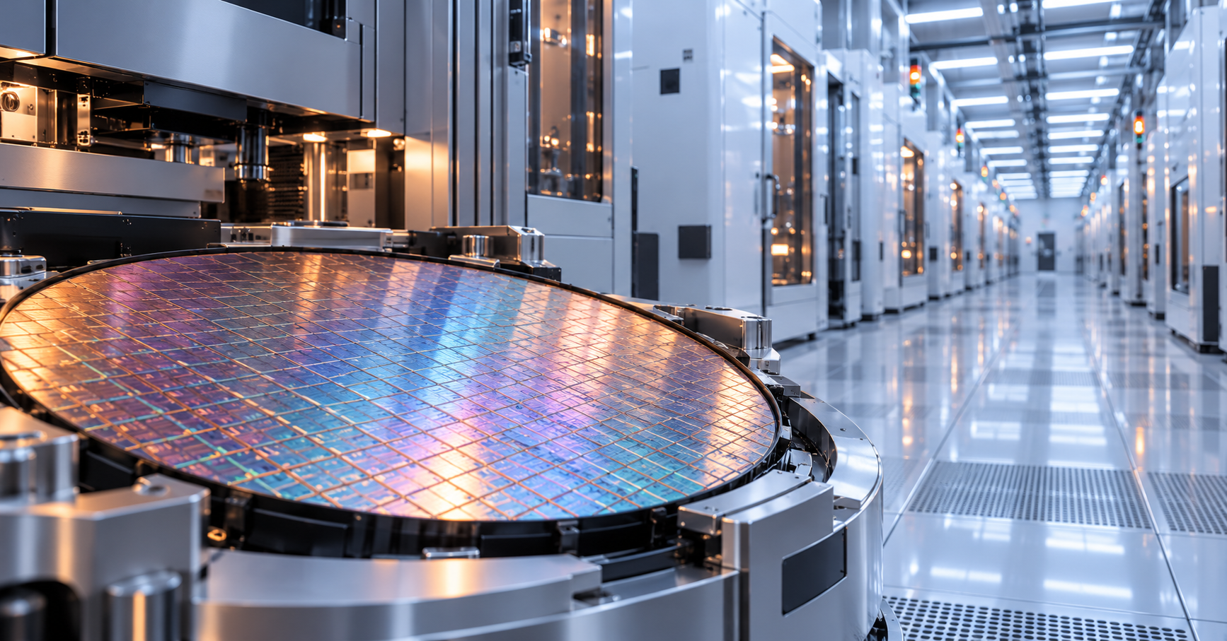 Conceptual illustration of a silicon wafer beside semiconductor manufacturing equipment in a cleanroom.