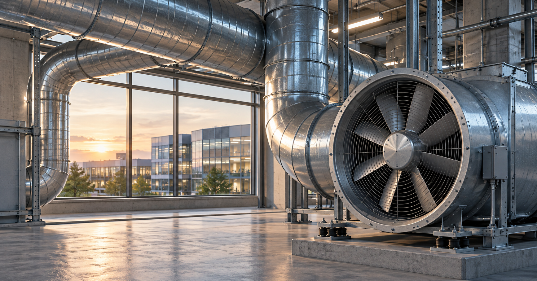 Illustrative industrial ventilation fan and steel ductwork in a mechanical plant room.