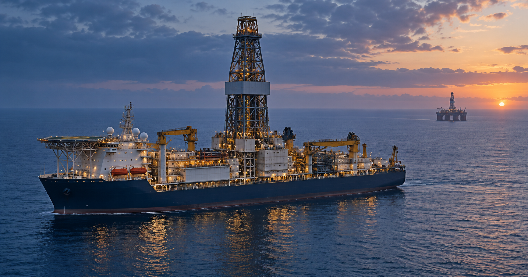 Illustrative offshore drillship at dawn, with a semisubmersible rig in the distance.
