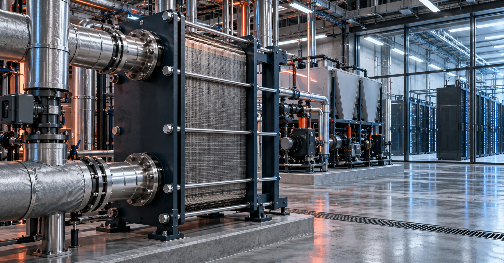 Conceptual illustration of a plate heat exchanger and modular cooling equipment beside data-center server rooms.