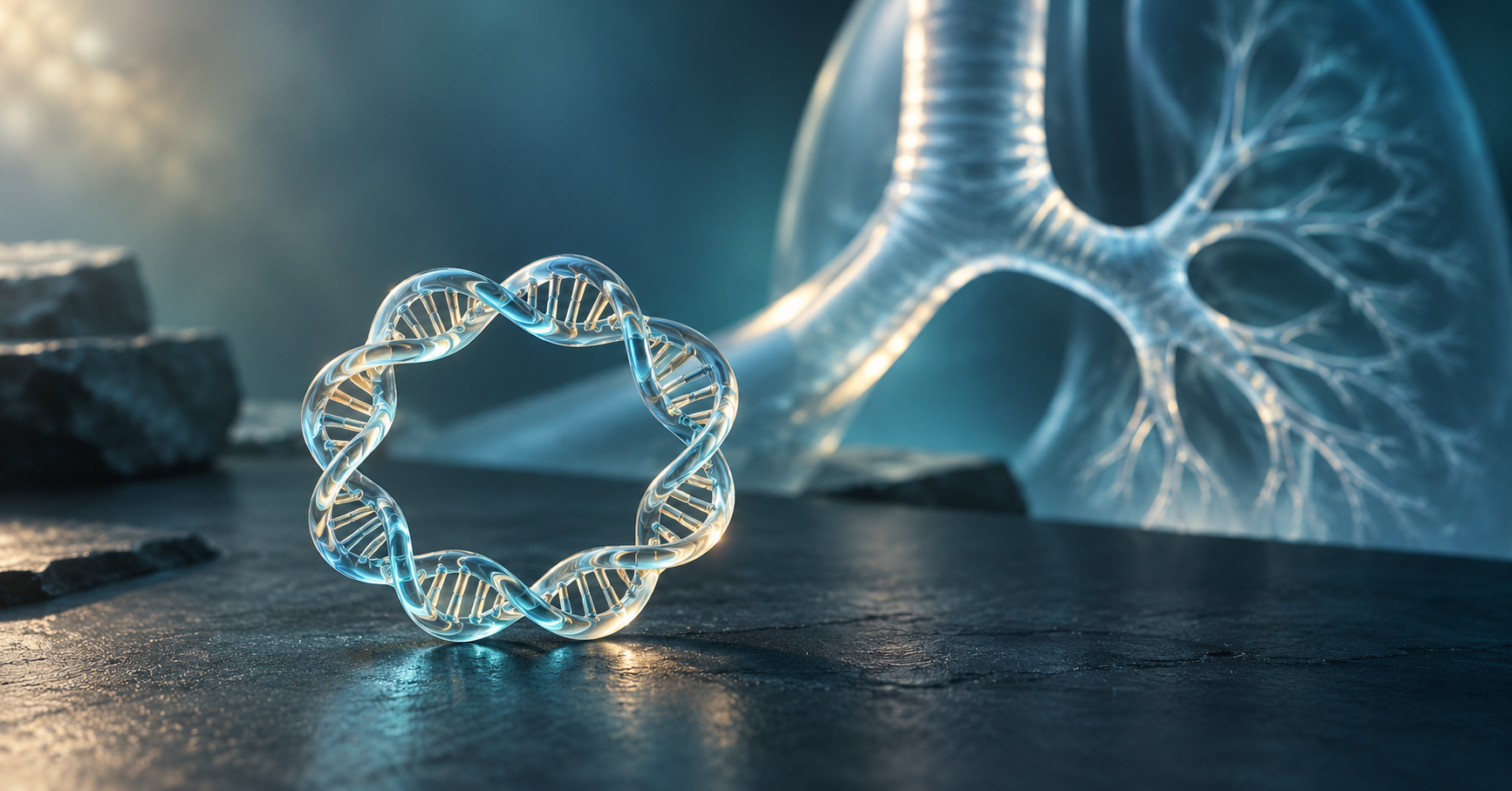 Conceptual glass DNA ring beside an illuminated airway form, representing DNA immunotherapy for respiratory disease.
