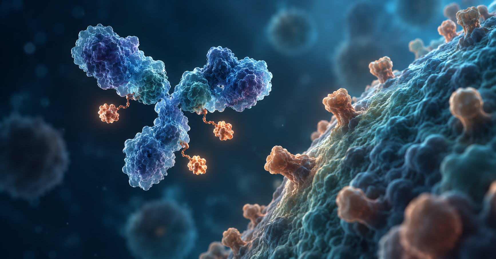 Conceptual illustration of an antibody-drug conjugate approaching a tumor-cell surface.