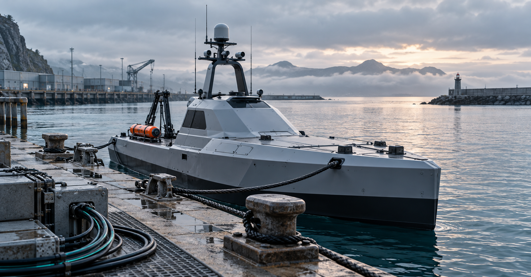 Illustrative autonomous vessel moored beside docking equipment in an industrial harbour.