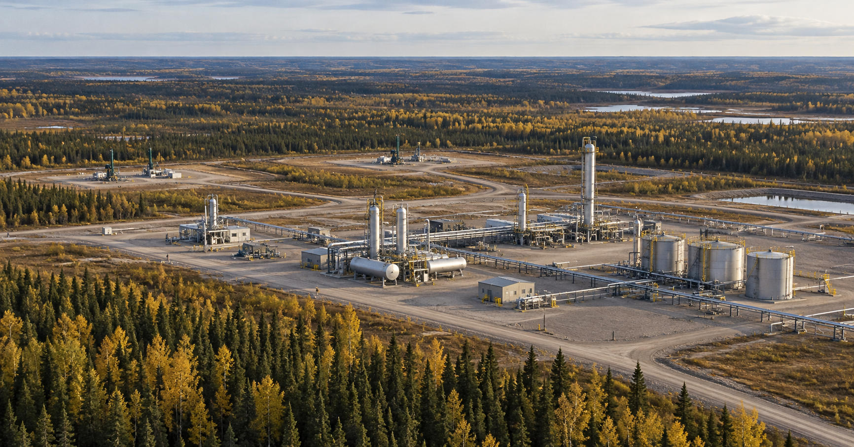 Conceptual oil and gas processing facility surrounded by boreal forest in Alberta.