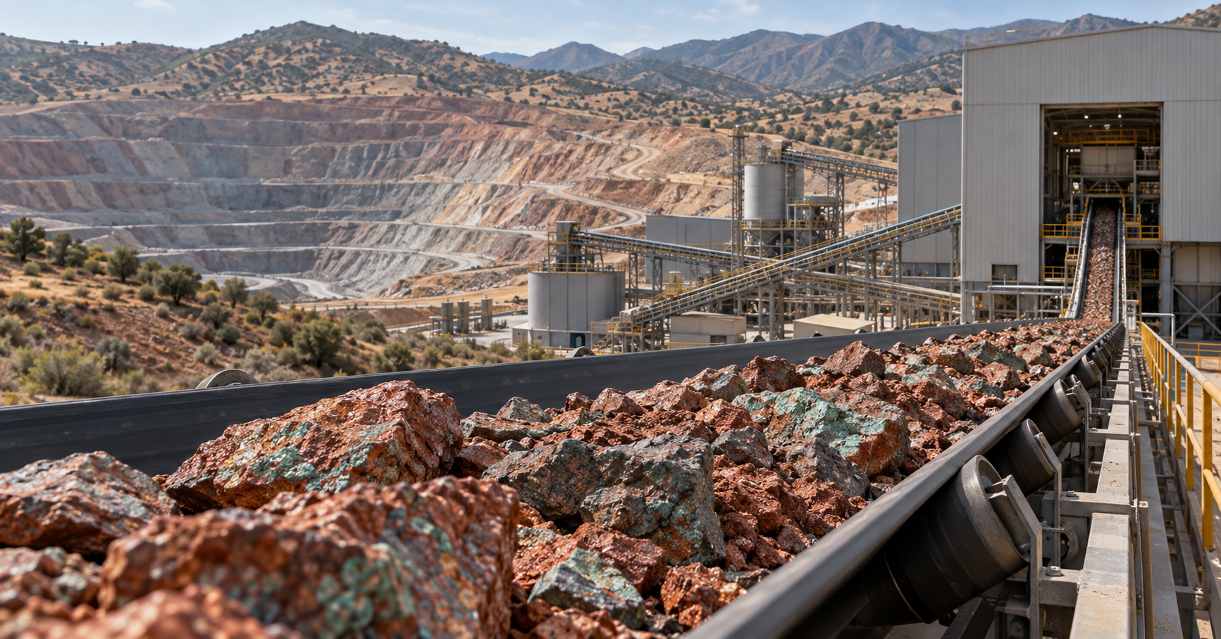 Copper-bearing rock on a conveyor leading into a processing plant beside a terraced open-pit mine.