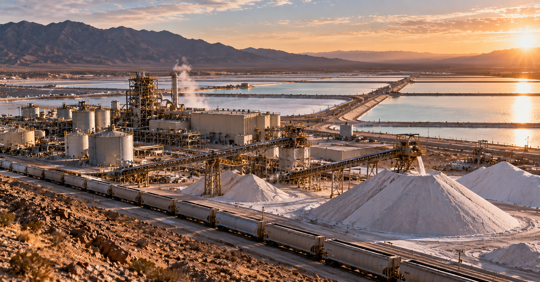 Large boron-processing complex with conveyors, storage tanks, railcars, mineral stockpiles, and evaporation ponds in a desert landscape.