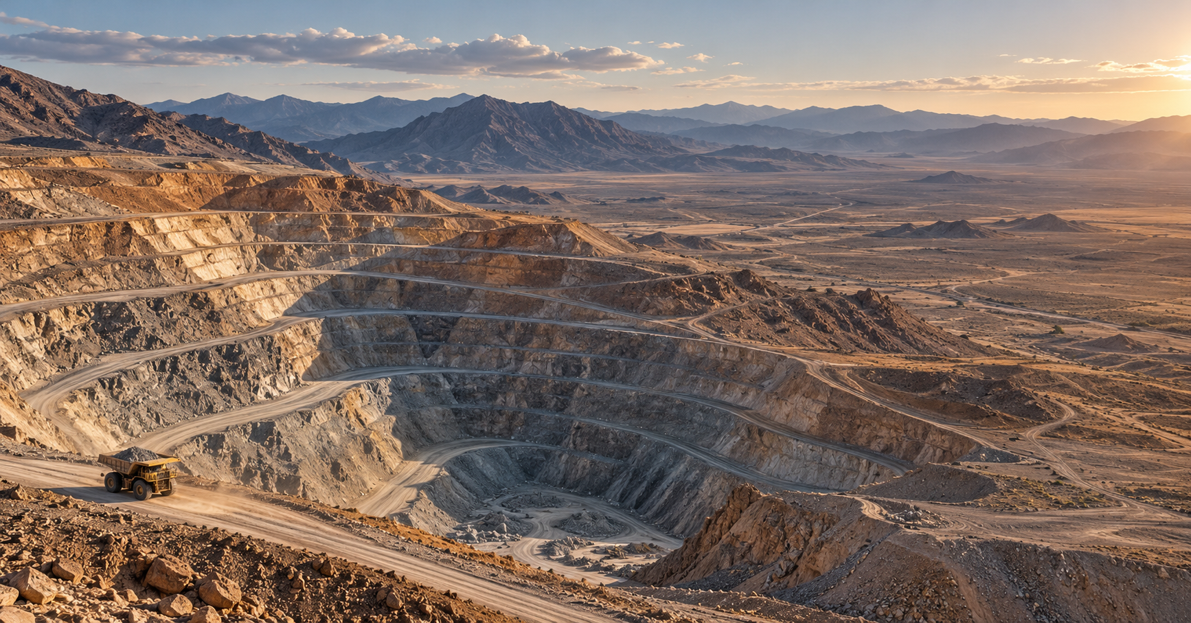 Conceptual illustration of an open-pit gold mine and surrounding desert terrain in Nevada.