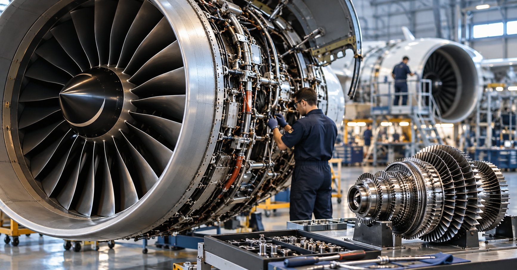Illustrative aircraft-engine maintenance in a hangar, with a turbine component on a workbench.
