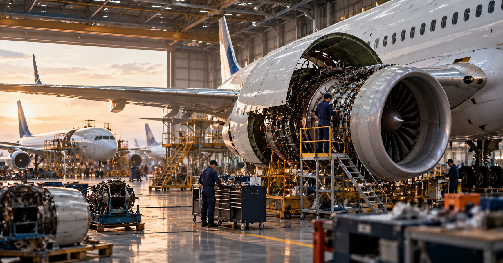 Commercial aircraft undergoing maintenance in a large MRO hangar, with technicians working on an exposed jet engine and additional aircraft in the background.