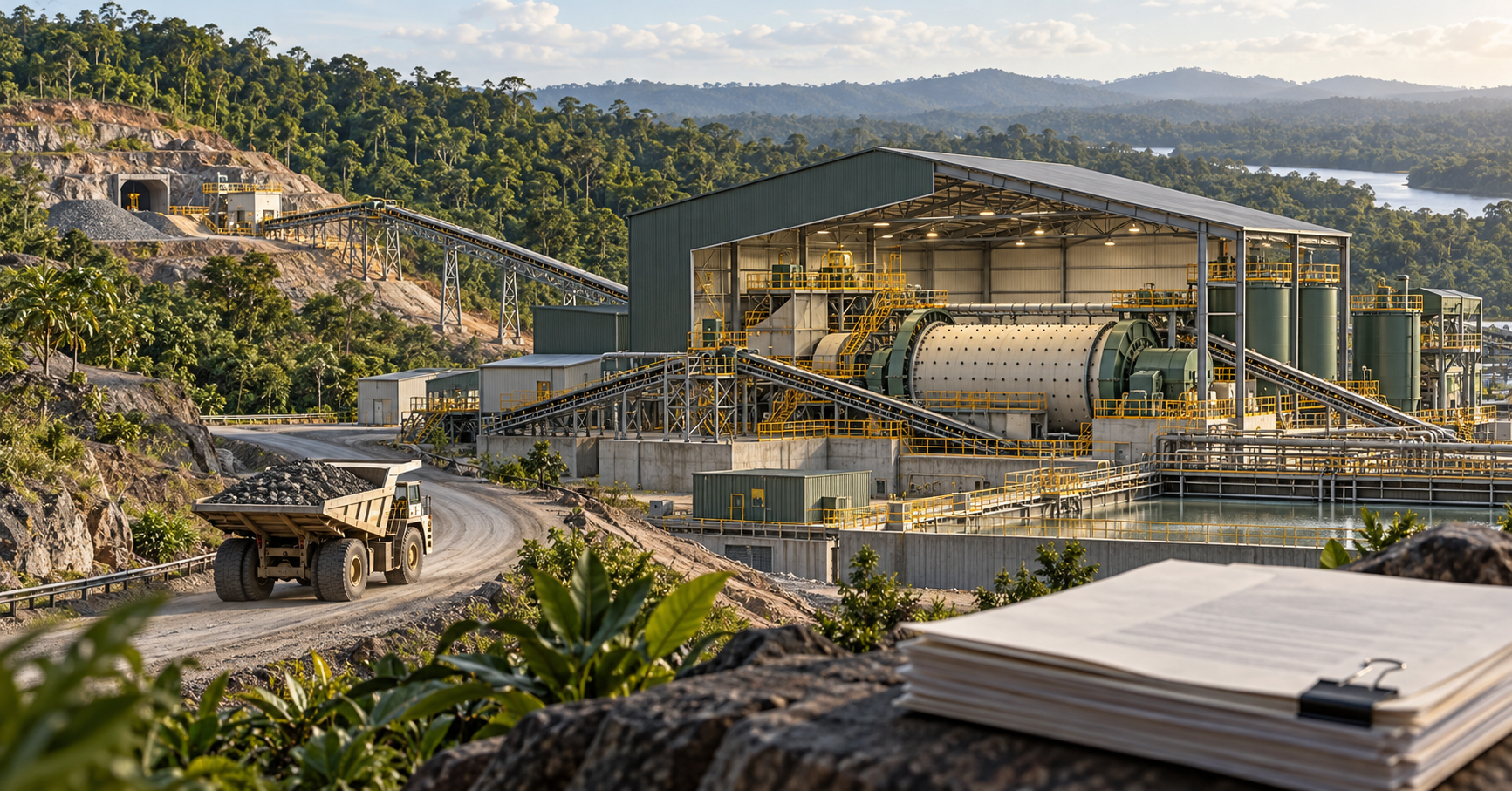 Conceptual illustration of a gold-processing mill, ore truck and permitting documents in tropical terrain.