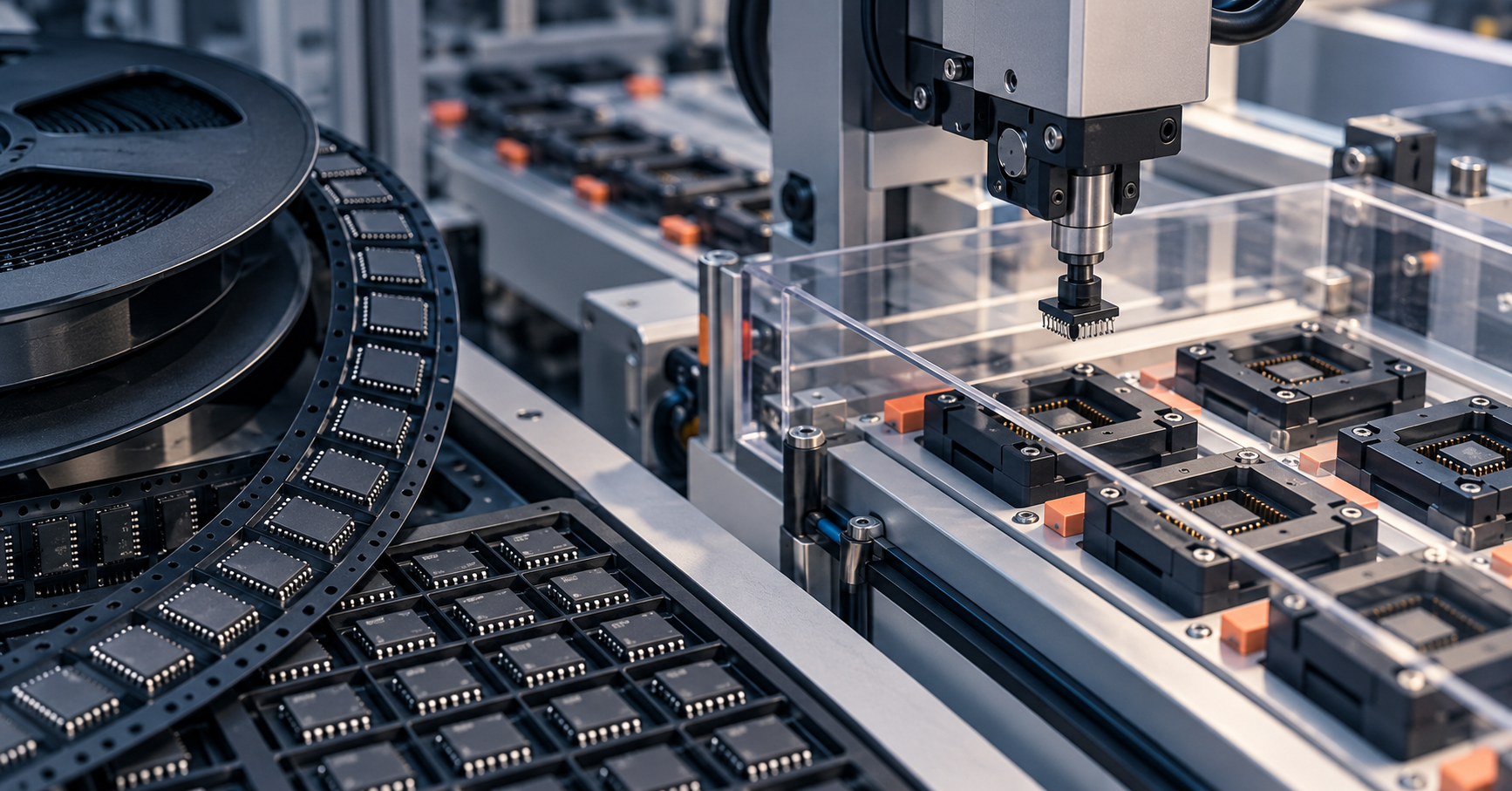 Illustrative automated chip-handling workstation with semiconductor carrier tape, trays and programming sockets.