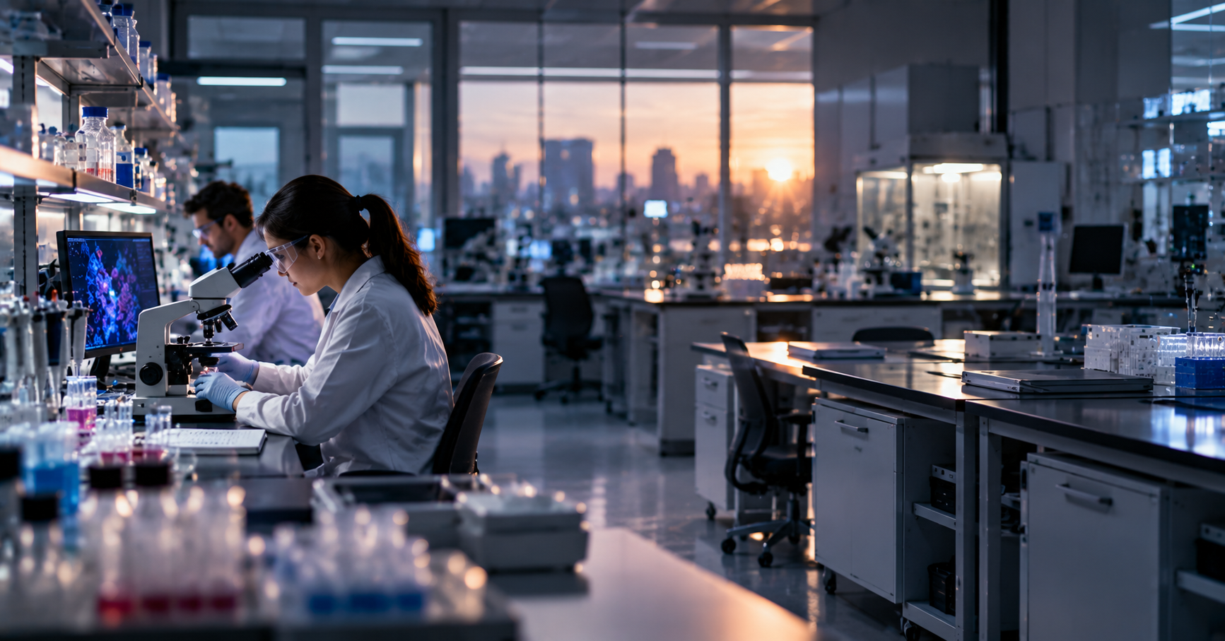 Biotechnology researchers working in a modern laboratory, with microscopes, sample vials, scientific imaging, and partially empty workstations in the background.
