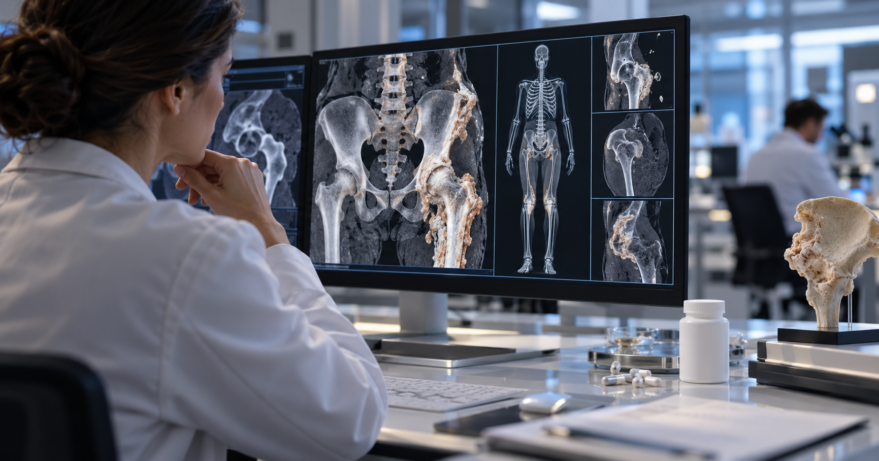 Researcher reviewing skeletal CT scans showing abnormal bone formation, with capsules and a bone model on a clinical research desk.