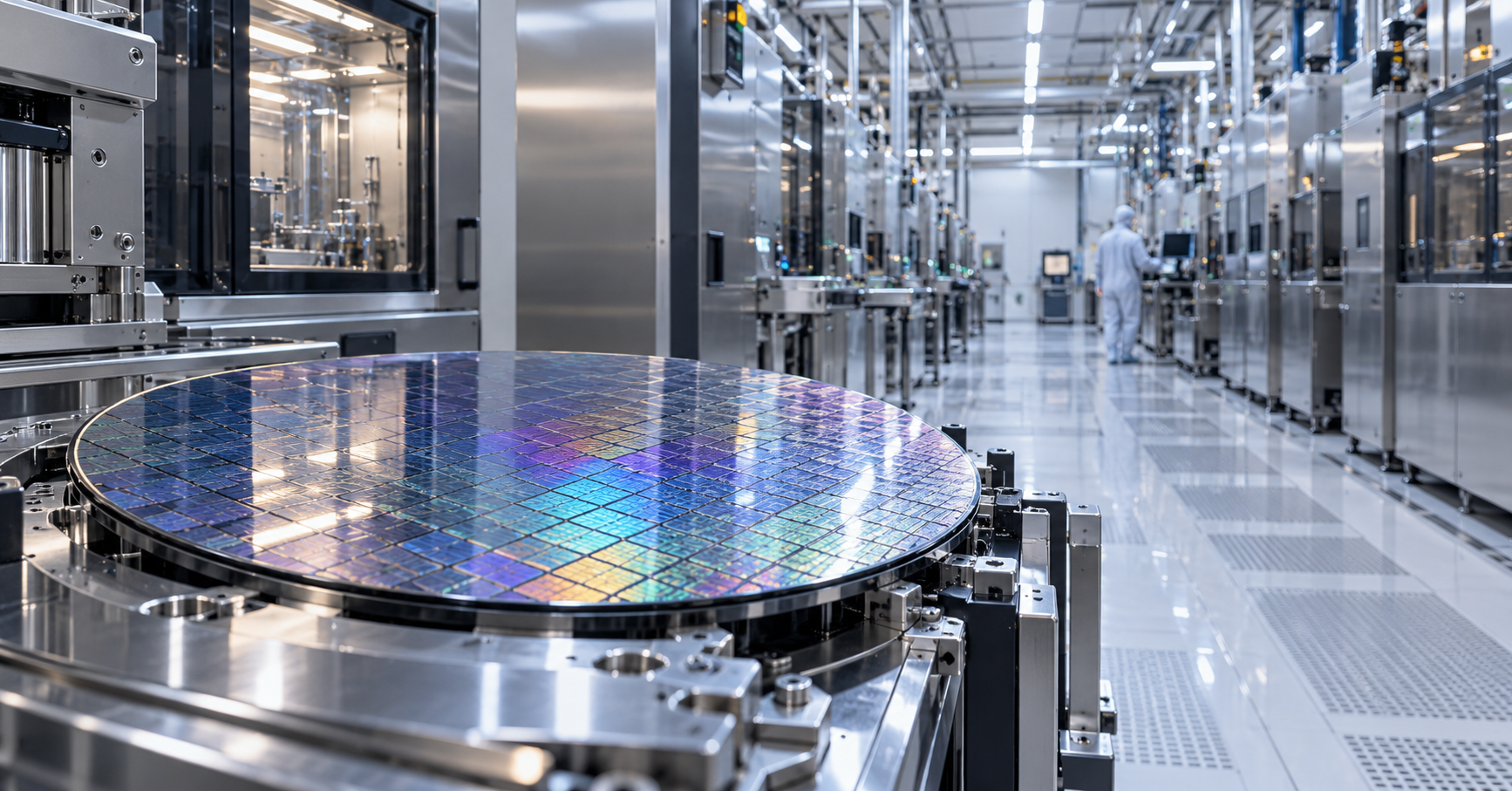 An iridescent silicon wafer rests on processing equipment in a bright industrial cleanroom, with stainless steel machinery and a distant technician.