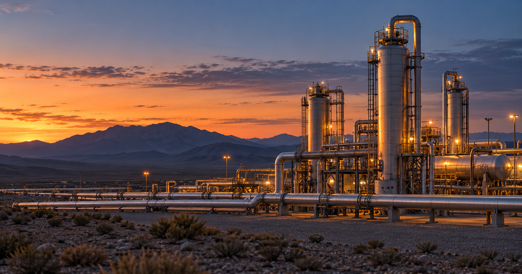 Gas-processing equipment and connecting pipelines in an arid landscape at dusk.