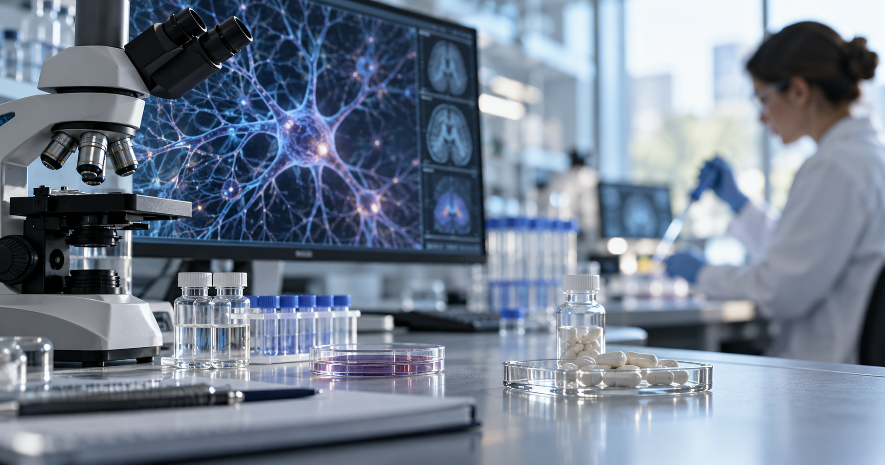 Microscope, sample vials, capsules, and neuroscience imaging displayed in a modern biotechnology laboratory.