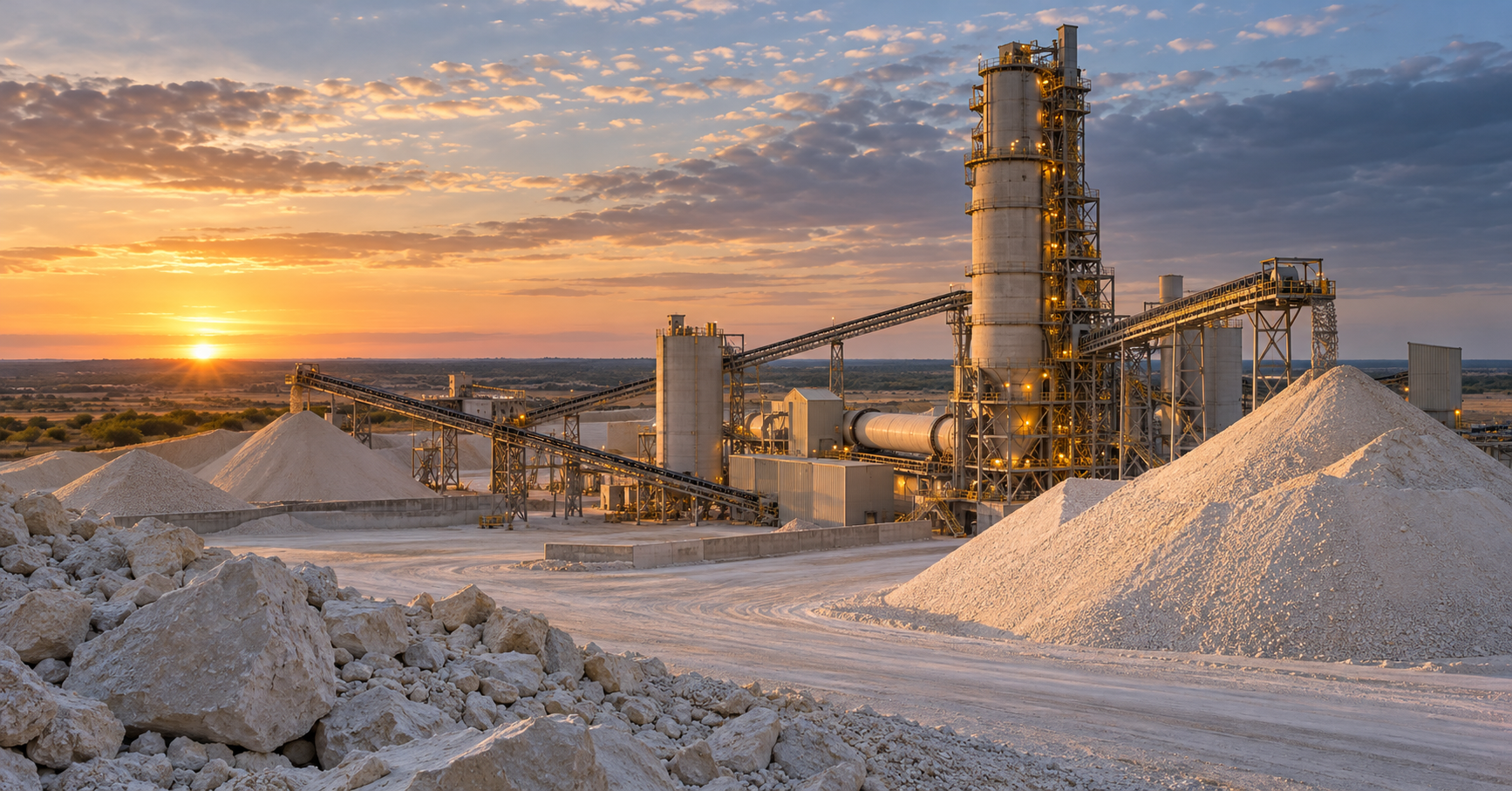 Conceptual lime-processing plant with a kiln tower, conveyors and pale limestone stockpiles at dawn.