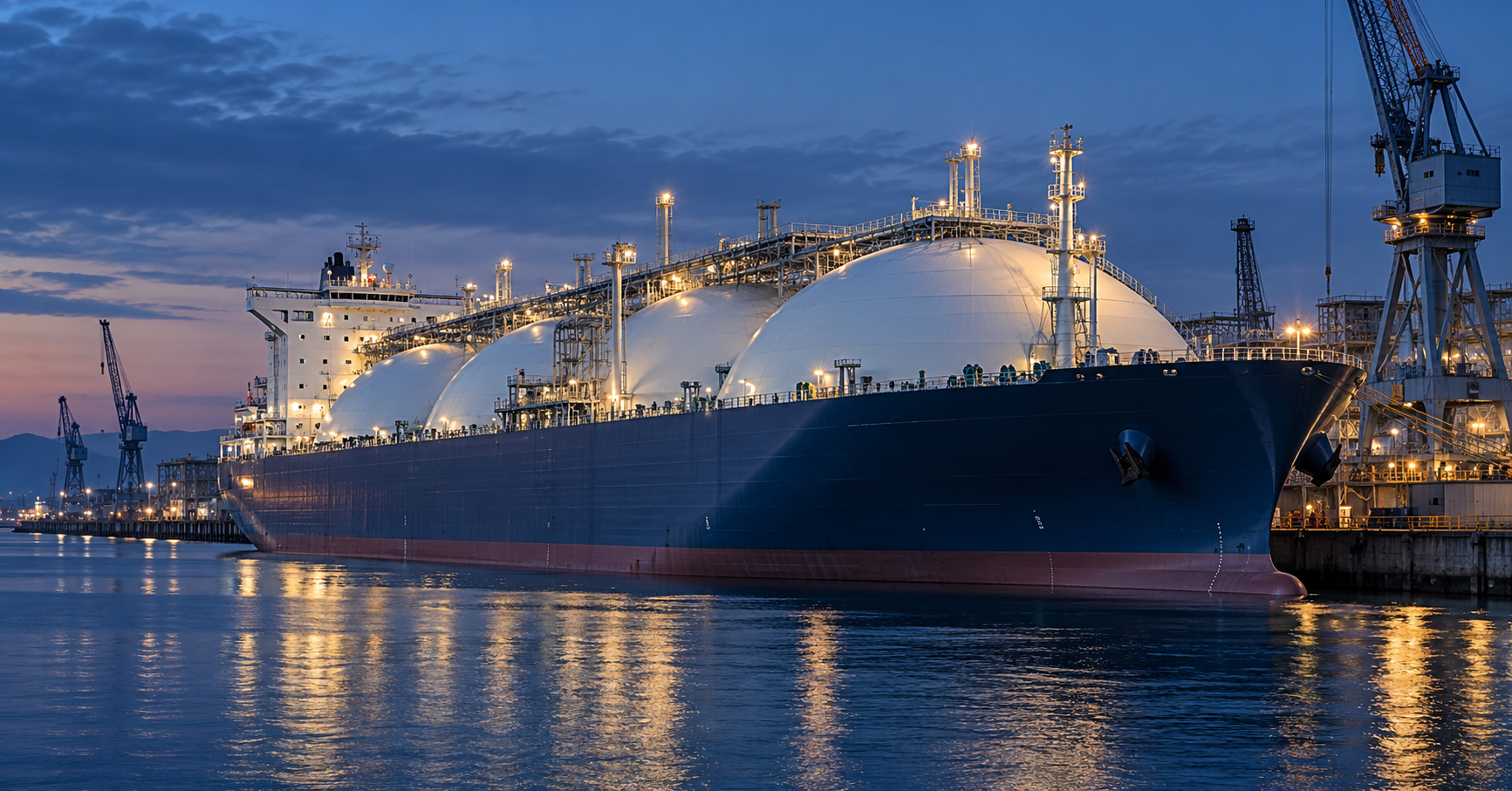 An LNG carrier alongside a shipyard quay at dusk, with illuminated deck piping and cranes.