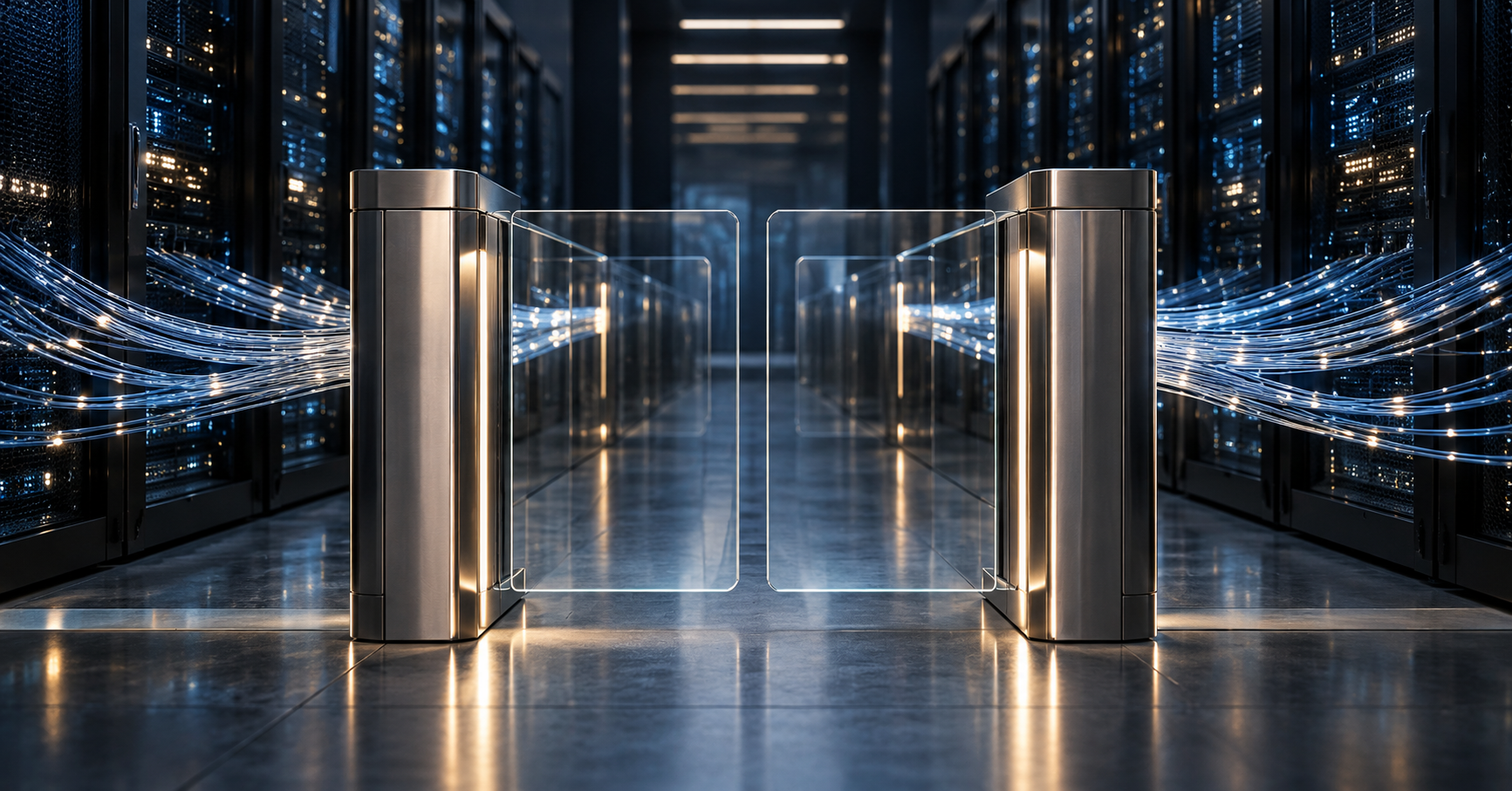 Conceptual illustration of a glass access gate and illuminated connections between enterprise server racks.